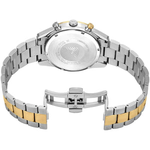 Caseback of Emporio Armani Racer AR11678 men's quartz battery watch showing technical specs black dial and metal bracelet