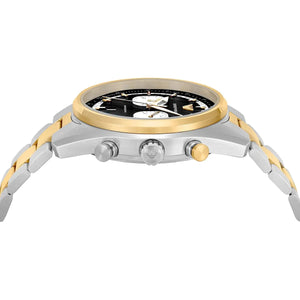 Side profile of Emporio Armani Racer AR11678 men's quartz battery watch showing 11mm thickness and two-tone finish