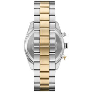 Detailed view of silver-tone crown and gold-tone pushers on Emporio Armani Racer AR11678 men's quartz battery watch with black dial