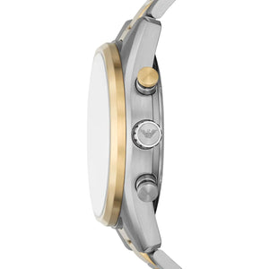 Side profile of Emporio Armani Racer AR11678 men's quartz battery watch showing 11mm thickness and two-tone finish