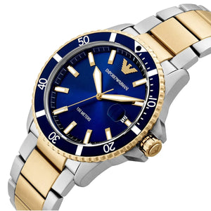 Left angled view of Emporio Armani World Explorer AR11682 men's quartz battery watch showing two-tone stainless steel bracelet and case profile