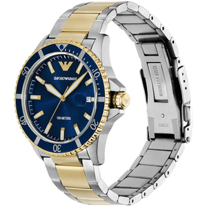 Right angled view of Emporio Armani World Explorer AR11682 men's quartz battery watch highlighting gold bezel and dial details