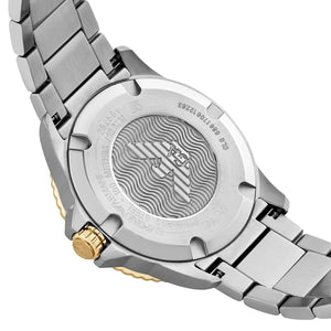 Caseback of Emporio Armani World Explorer AR11682 men's quartz battery watch showing technical specs 100m water resistance and two-tone bracelet