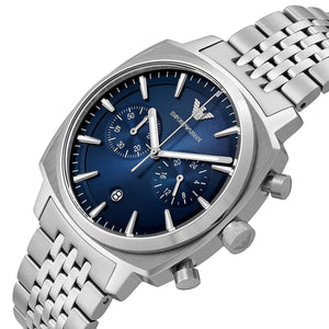 Left angled view of Emporio Armani Carlo AR11688 men's quartz battery watch showing silver multi-link bracelet and case profile