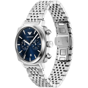 Right angled view of Emporio Armani Carlo AR11688 men's quartz battery watch highlighting silver finish and cushion case details