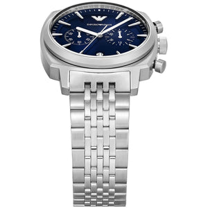 Side profile of Emporio Armani Carlo AR11688 men's quartz battery watch showing 11mm thickness and silver stainless steel finish