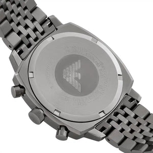Caseback of Emporio Armani Carlo AR11689 men's quartz battery watch showing technical specs 50m water resistance and metal strap