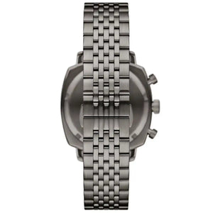 Gunmetal grey deployment clasp on Emporio Armani Carlo AR11689 men's quartz battery grey multi-link bracelet watch