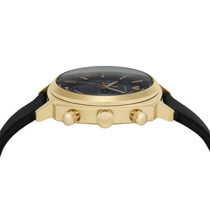 Side profile of Emporio Armani Carlo AR11690 men's quartz battery watch showing 11mm thickness and gold stainless steel finish