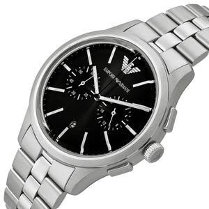 Perspective photo of Emporio Armani Dario AR11691 showing the side profile and polished silver finish