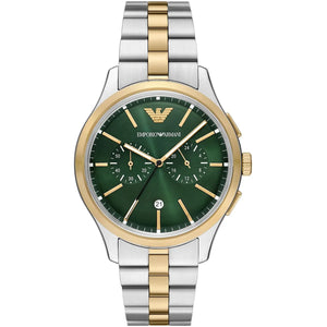 Authentic real-life photo of Emporio Armani Dario AR11692 showing actual two-tone finish and sunray green dial