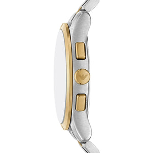 Side view photo of Emporio Armani Dario AR11692 showing case thickness and gold-tone crown detail