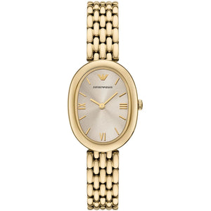Authentic real-life photo of Emporio Armani AR11707 showing gold bracelet and oval gray dial