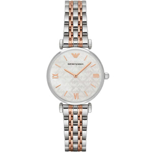 Emporio Armani Gianni T-Bar AR1987 women watch with rose gold round case two-tone bracelet and crystal pave dial