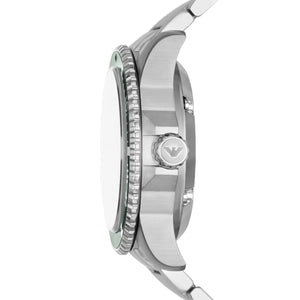 Side view of Emporio Armani AR60061 silver case showing the crown and polished finish