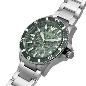 Angled shot of Emporio Armani AR60061 showing the depth of the green skeleton dial design