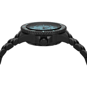 Side view of the black ion-plated case and screw-down crown on the Armani Sea Explorer AR60084