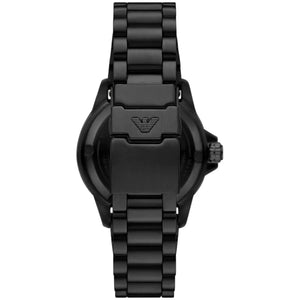 Side view of the black ion-plated case and screw-down crown on the Armani Sea Explorer AR60084