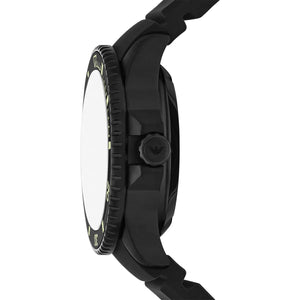 Side profile of Emporio Armani Sea Explorer AR60085 men's automatic watch showing 13mm thickness and black finish