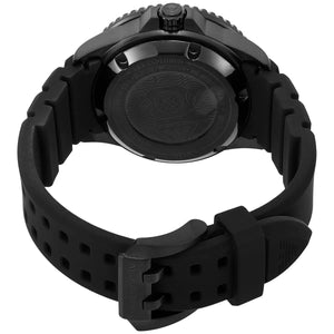 Caseback of Emporio Armani Sea Explorer AR60085 men's automatic watch showing technical specs 200m water resistance and rubber strap