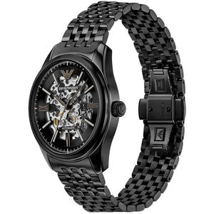Right angled view of Emporio Armani Antonio AR60093 men's automatic watch highlighting black finish and mechanical movement details