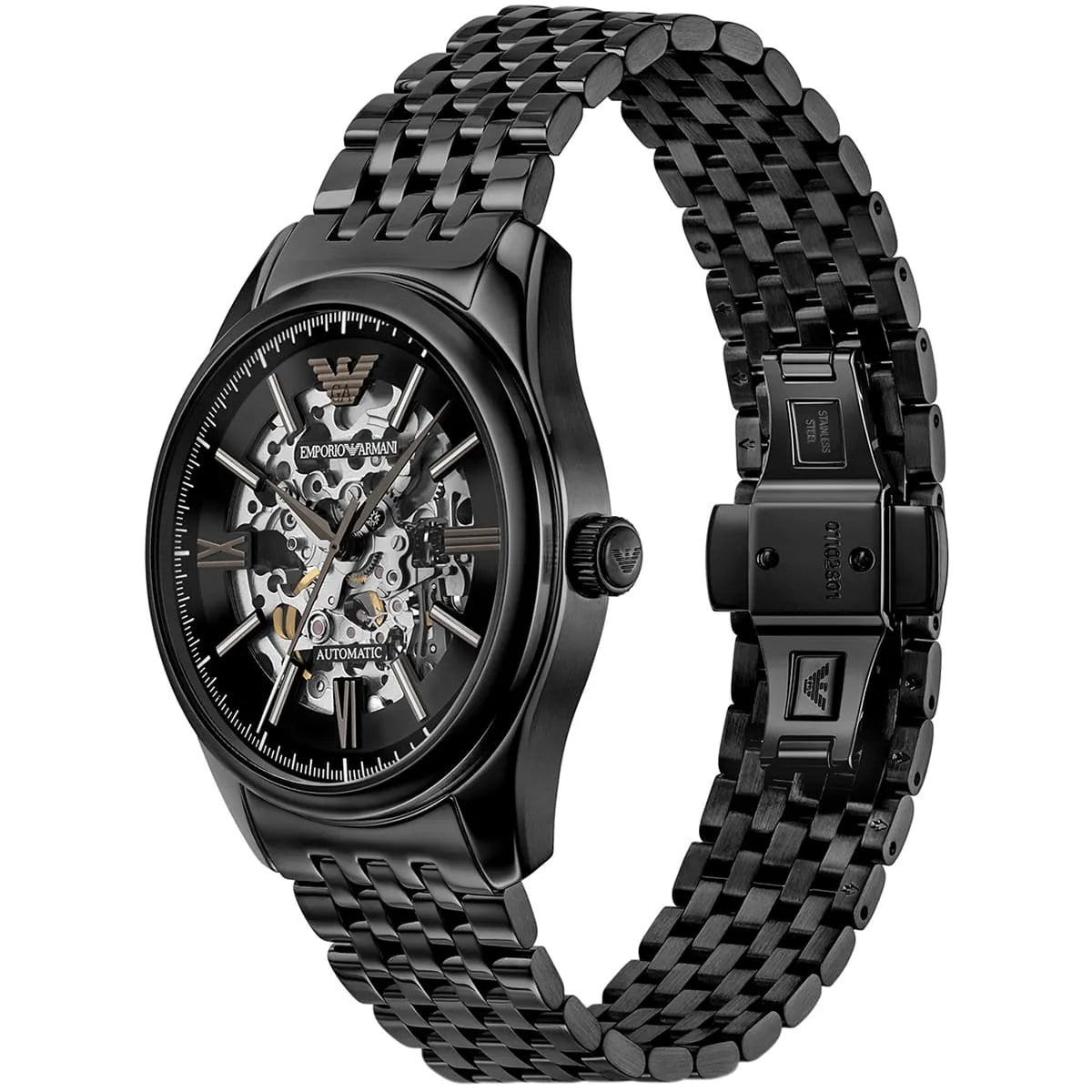 Right angled view of Emporio Armani Antonio AR60093 men's automatic watch highlighting black finish and mechanical movement details
