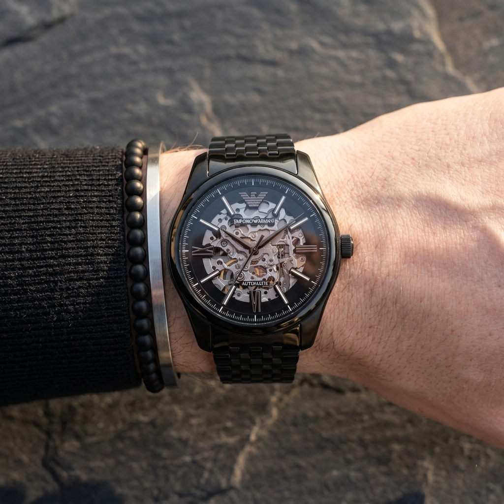 Close up of Emporio Armani Antonio AR60093 men's automatic watch on wrist showing intricate skeleton dial and black metal bracelet