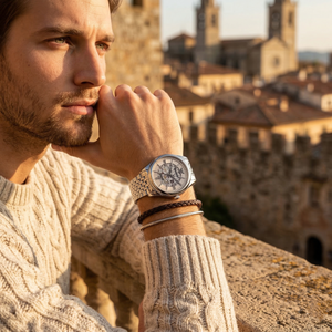 Elegant man wearing Emporio Armani Antonio AR60095 men's automatic watch with silver-tone case and luxury beige skeleton dial