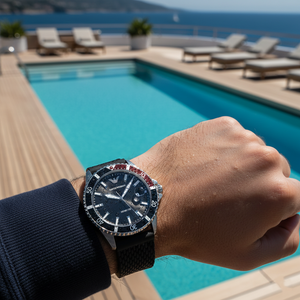 Man wearing Emporio Armani AR11341 diver watch near water showing 100m resistance