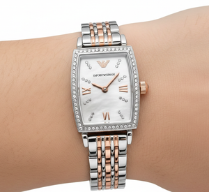 Extreme close-up of Armani AR11519 rectangular case showing crystals and pearl dial