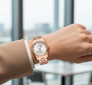 Modern woman wearing Emporio Armani AR11558 rose gold watch with beige blazer