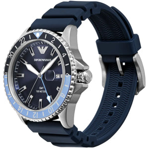 Angled shot of AR11592 showing the depth of the blue dial and light blue GMT hand