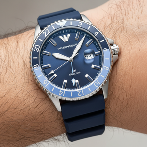 Close up of Armani AR11592 showing the two-tone blue GMT 24-hour bezel
