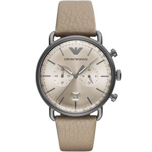 Emporio Armani AR11107 Aviator Men's Watch Beige Dial Gunmetal Case Leather Strap