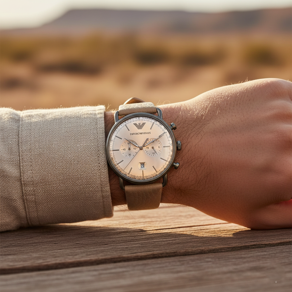 Stylish man wearing Emporio Armani AR11107 beige leather watch with linen shirt
