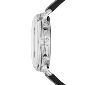 Angled front view of Emporio Armani AR11143 showing tachymeter scale and indices