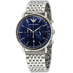 Professional man wearing Emporio Armani AR11238 with navy blazer and silver signet ring