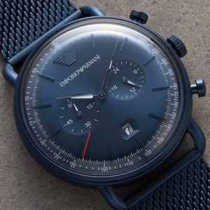 Close-up of Emporio Armani AR11289 sub-dials and date window at 6 o'clock