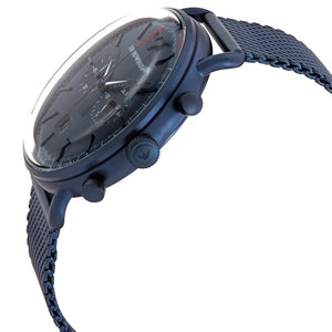 Side view of Emporio Armani AR11289 blue ion-plated case crown and pushers