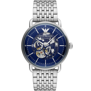 Emporio Armani Aviator AR60024 men's automatic skeleton watch with blue dial and silver mesh bracelet