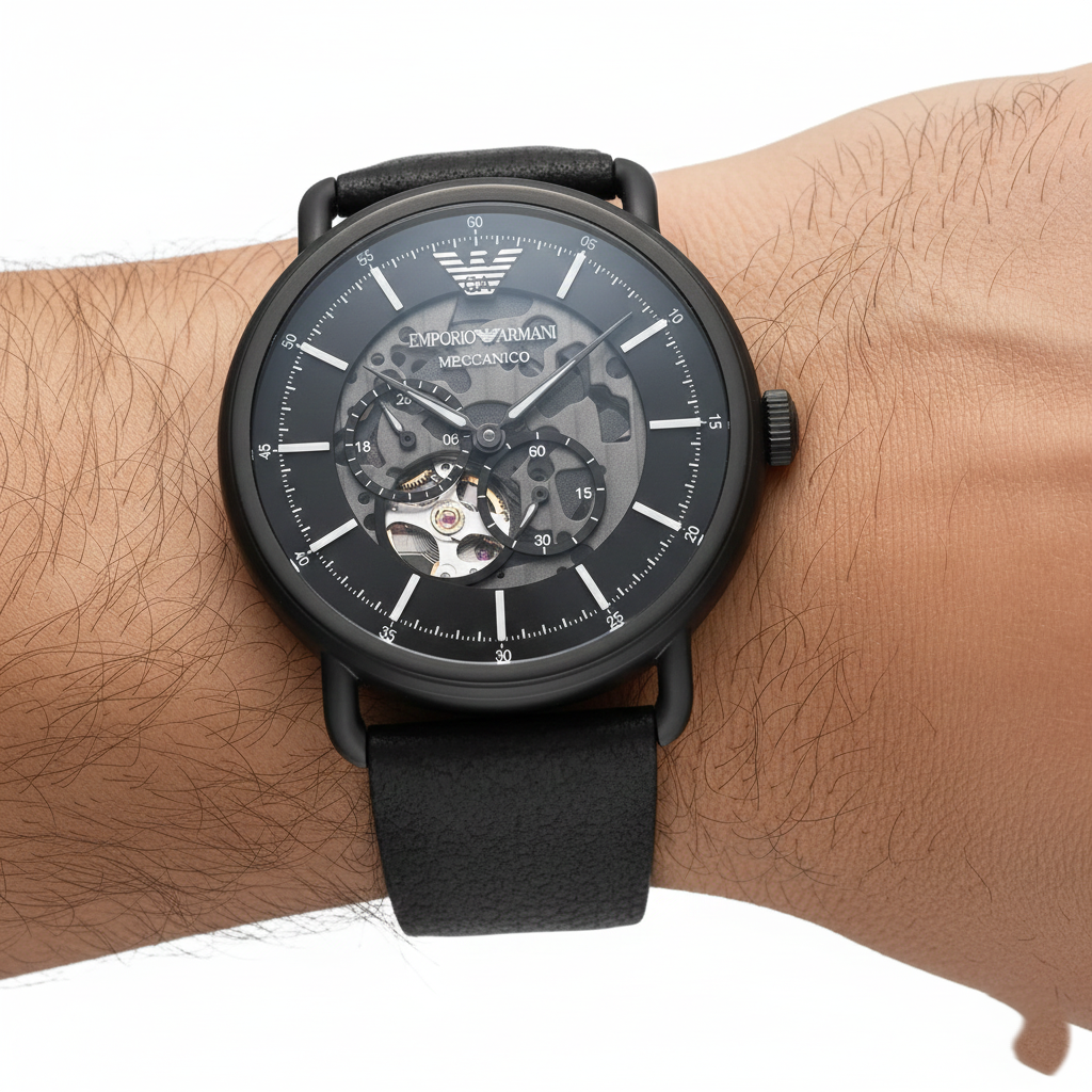 Close up of the AR60028 black dial showing the open-heart window and silver mechanical movement gears