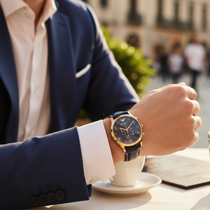Gentleman wearing Emporio Armani AR1862 gold watch with navy blazer
