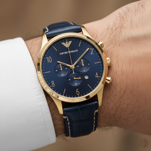 Extreme wrist macro of Armani AR1862 showing blue leather strap with contrast stitching