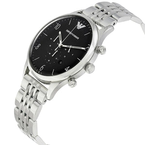Close-up shot of Emporio Armani AR1863 black dial with silver Arabic numerals