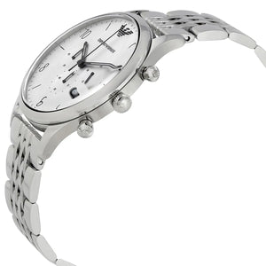 Angled front view of Emporio Armani AR1879 showing bracelet flexibility and white dial