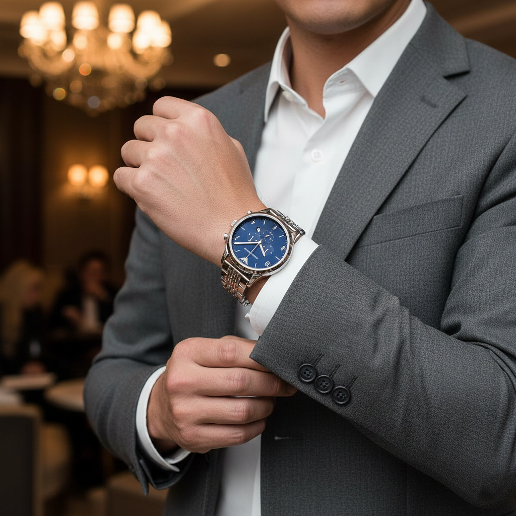 Stylish gentleman wearing Emporio Armani AR1942 blue watch with grey suit