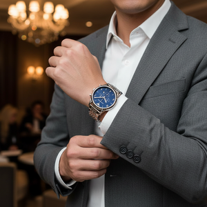 Stylish gentleman wearing Emporio Armani AR1942 blue watch with grey suit