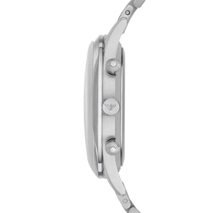Side view of Emporio Armani AR1942 showing silver case and chronograph pushers