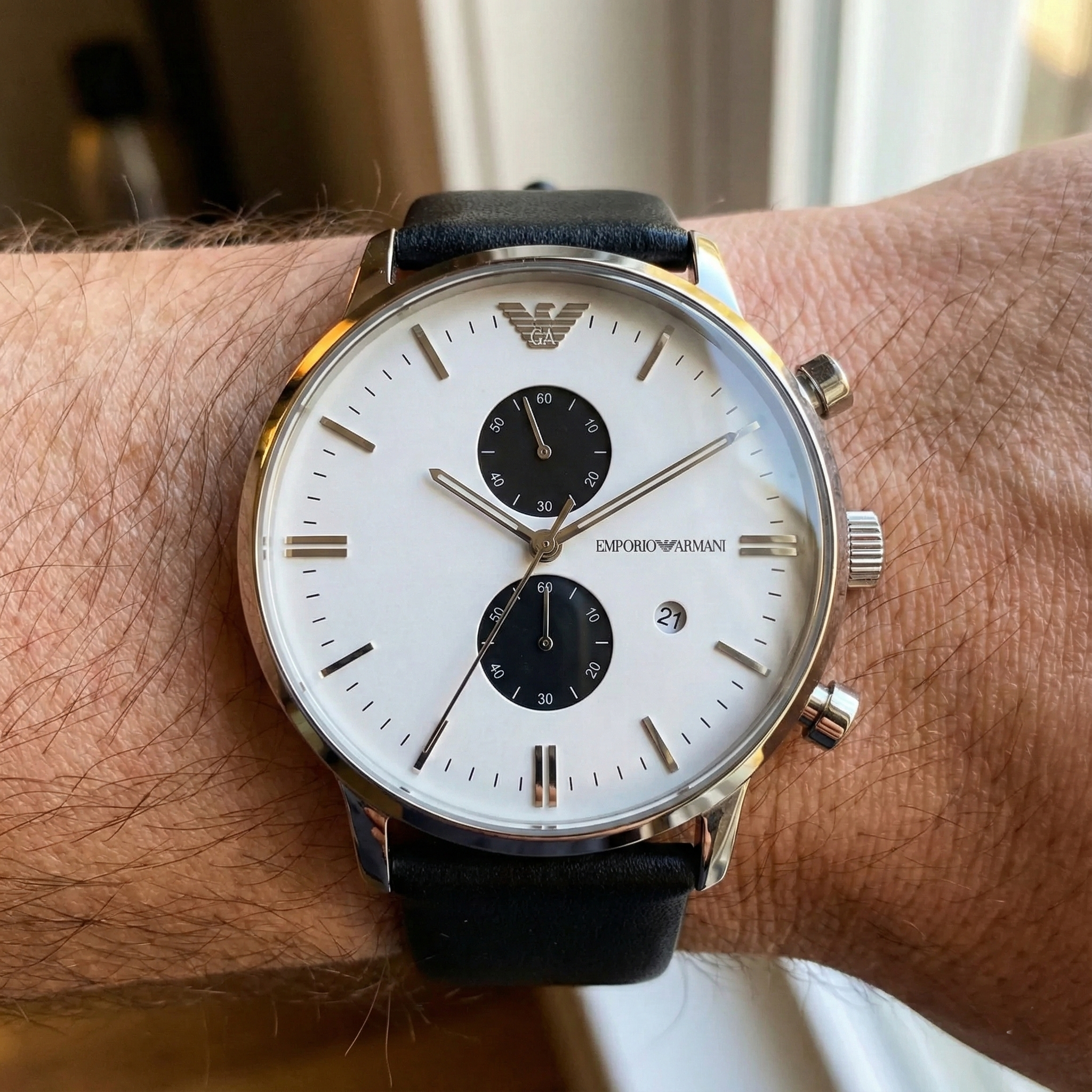 Close up of Armani AR0385 white dial with contrasting black vertical sub-dials