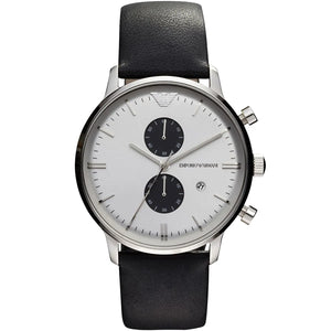 Emporio Armani Classic AR0385 men's watch white dial with black sub-dials and leather strap
